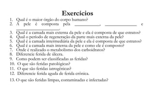 Exercícios
1. Qual é o maior órgão do corpo humano?
2. A pele é composta pela ___________, ______________ e
___________________.
3. Qual é a camada mais externa da pele e ela é composta de que estratos?
4. Qual o período de regeneração da parte mais externa da pele?
5. Qual é a camada intermediária da pele e ela é composta de que estratos?
6. Qual é a camada mais interna da pele e como ele é composto?
7. Onde é realizado o metabolismo dos carboidratos?
8. Diferencie ferida de úlcera.
9. Como podem ser classificadas as feridas?
10. O que são feridas patológicas?
11. O que são feridas iatrogênicas?
12. Diferencie ferida aguda de ferida crônica.
13. O que são feridas limpas, contaminadas e infectadas?
 