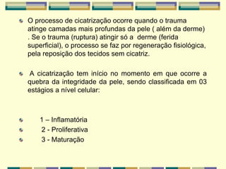 O processo de cicatrização ocorre quando o trauma
atinge camadas mais profundas da pele ( além da derme)
. Se o trauma (ruptura) atingir só a derme (ferida
superficial), o processo se faz por regeneração fisiológica,
pela reposição dos tecidos sem cicatriz.
A cicatrização tem início no momento em que ocorre a
quebra da integridade da pele, sendo classificada em 03
estágios a nível celular:
1 – Inflamatória
2 - Proliferativa
3 - Maturação
 