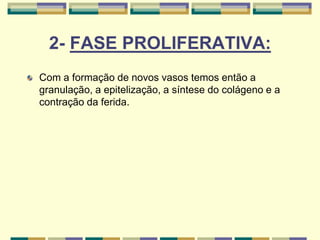 2- FASE PROLIFERATIVA:
Com a formação de novos vasos temos então a
granulação, a epitelização, a síntese do colágeno e a
contração da ferida.
 