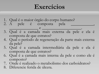 Exercícios
1. Qual é o maior órgão do corpo humano?
2. A pele é composta pela ___________,
______________ e ___________________.
3. Qual é a camada mais externa da pele e ela é
composta de que estratos?
4. Qual o período de regeneração da parte mais externa
da pele?
5. Qual é a camada intermediária da pele e ela é
composta de que estratos?
6. Qual é a camada mais interna da pele e como ele é
composto?
7. Onde é realizado o metabolismo dos carboidratos?
8. Diferencie ferida de úlcera.
 