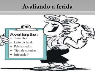 Avaliando a ferida
Tamanho
Leito da ferida
Pele ao redor
Tipo de curativo
Infectada ?
 