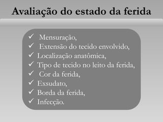 Avaliação do estado da ferida
 Mensuração,
 Extensão do tecido envolvido,
 Localização anatômica,
 Tipo de tecido no leito da ferida,
 Cor da ferida,
 Exsudato,
 Borda da ferida,
 Infecção.
 