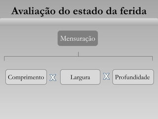 Avaliação do estado da ferida
Mensuração
Comprimento Profundidade
Largura
 