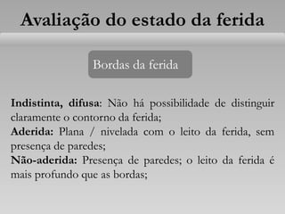 Avaliação do estado da ferida
Bordas da ferida
Indistinta, difusa: Não há possibilidade de distinguir
claramente o contorno da ferida;
Aderida: Plana / nivelada com o leito da ferida, sem
presença de paredes;
Não-aderida: Presença de paredes; o leito da ferida é
mais profundo que as bordas;
 