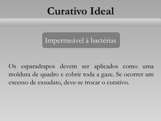 Impermeável à bactérias
Os esparadrapos devem ser aplicados como uma
moldura de quadro e cobrir toda a gaze. Se ocorrer um
excesso de exsudato, deve-se trocar o curativo.
Curativo Ideal
 