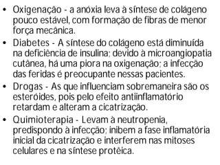 •Oxigenação - a anóxia leva à sí
ntese de colágeno
pouco estável, com formação de fibras de menor
força mecânica.
•Diabetes - A sí
ntese do colágeno está diminuí
da
na deficiência de insulina; devido à microangiopatia
cutânea, há uma piora na oxigenação; a infecção
das feridas é preocupante nessas pacientes.
•Drogas - As que influenciam sobremaneira são os
esteróides, pois pelo efeito antiinflamatório
retardam e alteram a cicatrização.
•Quimioterapia - Levam à neutropenia,
predispondo à infecção; inibem a fase inflamatória
inicial da cicatrização e interferem nas mitoses
celulares e na sí
ntese protêica.
 