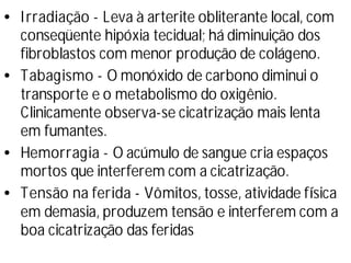 •Irradiação - Leva à arterite obliterante local, com
conseqüente hipóxia tecidual; há diminuição dos
fibroblastos com menor produção de colágeno.
•Tabagismo - O monóxido de carbono diminui o
transporte e o metabolismo do oxigênio.
Clinicamente observa-se cicatrização mais lenta
em fumantes.
•Hemorragia - O acúmulo de sangue cria espaços
mortos que interferem com a cicatrização.
•Tensão na ferida - Vômitos, tosse, atividade fí
sica
em demasia, produzem tensão e interferem com a
boa cicatrização das feridas
 