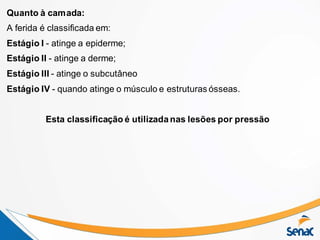 Quanto à camada:
A ferida é classificada em:
Estágio I - atinge a epiderme;
Estágio II - atinge a derme;
Estágio III - atinge o subcutâneo
Estágio IV - quando atinge o músculo e estruturas ósseas.
Esta classificação é utilizadanas lesões por pressão
 