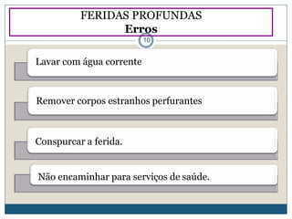 Lavar com água corrente
Remover corpos estranhos perfurantes
Conspurcar a ferida.
Não encaminhar para serviços de saúde.
FERIDAS PROFUNDAS
Erros
10
 