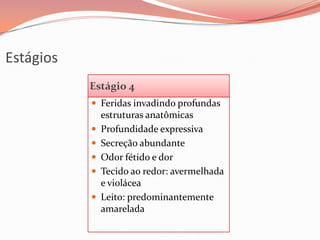 Estágios
Estágio 4
 Feridas invadindo profundas
estruturas anatômicas
 Profundidade expressiva
 Secreção abundante
 Odor fétido e dor
 Tecido ao redor: avermelhada
e violácea
 Leito: predominantemente
amarelada
 
