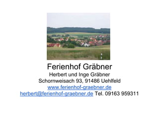 Ferienhof Gräbner
Herbert und Inge Gräbner
Schornweisach 93, 91486 Uehlfeld
www.ferienhof-graebner.de
herbert@ferienhof-graebner.de Tel. 09163 959311
 