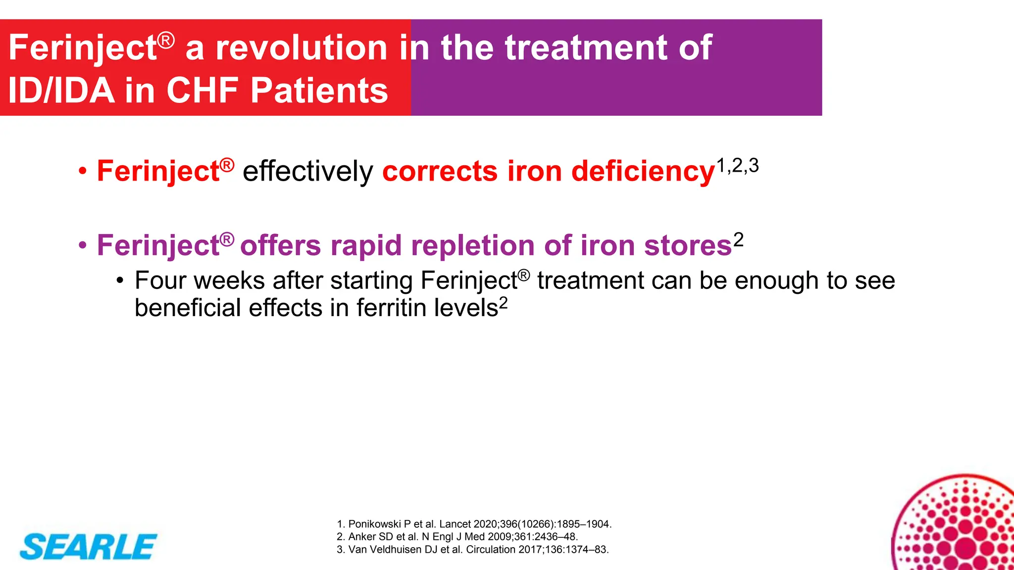 • Ferinject® effectively corrects iron deficiency1,2,3
• Ferinject® offers rapid repletion of iron stores2
• Four weeks after starting Ferinject® treatment can be enough to see
beneficial effects in ferritin levels2
1. Ponikowski P et al. Lancet 2020;396(10266):1895–1904.
2. Anker SD et al. N Engl J Med 2009;361:2436–48.
3. Van Veldhuisen DJ et al. Circulation 2017;136:1374–83.
Ferinject® a revolution in the treatment of
ID/IDA in CHF Patients
 
