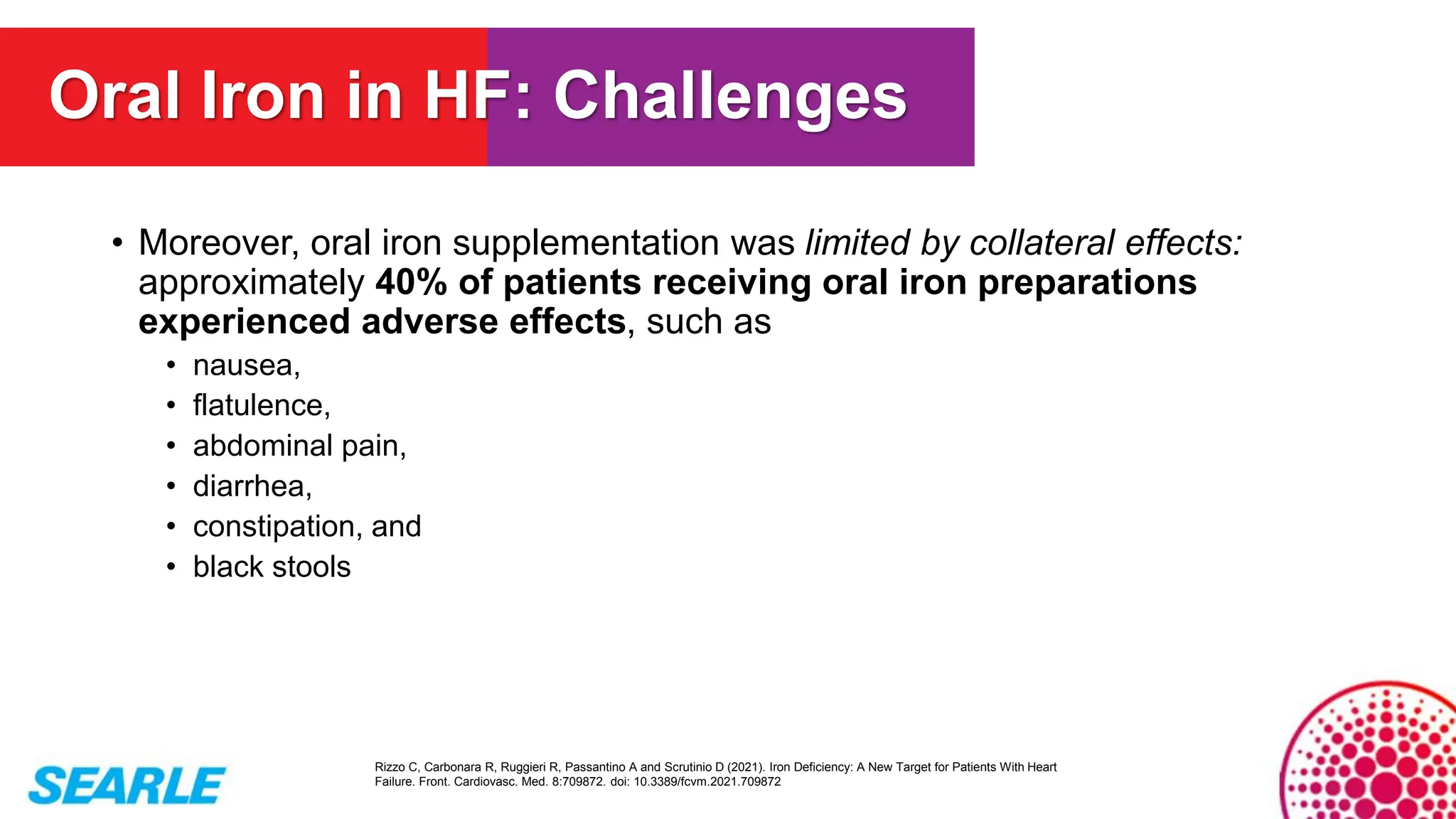 • Moreover, oral iron supplementation was limited by collateral effects:
approximately 40% of patients receiving oral iron preparations
experienced adverse effects, such as
• nausea,
• flatulence,
• abdominal pain,
• diarrhea,
• constipation, and
• black stools
Rizzo C, Carbonara R, Ruggieri R, Passantino A and Scrutinio D (2021). Iron Deficiency: A New Target for Patients With Heart
Failure. Front. Cardiovasc. Med. 8:709872. doi: 10.3389/fcvm.2021.709872
Oral Iron in HF: Challenges
 