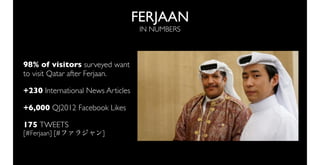 FERJAAN
                                    IN NUMBERS



98% of visitors surveyed want
to visit Qatar after Ferjaan.

+230 International News Articles

+6,000 QJ2012 Facebook Likes

175 TWEETS
[#Ferjaan] [#ファラジャン]
 