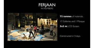 FERJAAN
 IN NUMBERS


              72 tonnes of materials.

              17 Galleries and 1 Mosque

              5x3 m LCD Screen



              Constructed in 3 days.
 