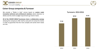 Coiver Group companies & Turnover
We provide a "Made in Italy" service based on custom made
innovative technical and architectural solutions where attention to
details and the client’s budget requirements go hand in hand.
All of the COIVER GROUP businesses share a collaborative synergy
allowing the company to offer itself as sole point of contact for clients
in order to guarantee that the most complex and varied client needs
are met.
72 M
88 M 92 M
2014 2015 2016
Turnovers: 2014-2016
concepttoreality
COIVER GROUP
 