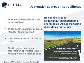 A broader approach to resilience 
Resilience is about 
opportunity, adaptation and 
evolution as well as managing 
disruptions and crises 
• Less resilient organisations are 
prone to failure 
• Organisations are more complex, 
impacts materialise faster 
• Can’t be expected to address all 
risks 
• Resilience for many means 
focussing on operational issues, 
missing the more strategic ones 
Source: AIRMIC and others - Roads to Resilience 2014 
 