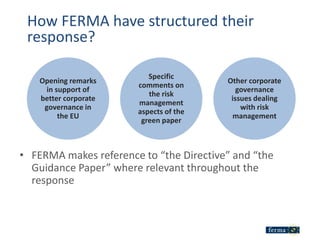 How FERMA have structured their
 response?

                          Specific
    Opening remarks                      Ot...
