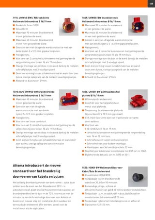 119
1115: UHW50-BW / RD rookdichte
Hollewand inbouwdoos Ø 16/19 mm
n	 Rookdicht Sa en S200
n	 Geluiddicht
n	 Maximaal 90 minuten brandwerend
in een geïsoleerde wand.
n	 Maximaal 60 minuten brandwerend
in een niet-geïsoleerde wand.
n	 Getest in een niet-dragende wandconstructie met aan
beide zijden 2 x 12,5 mm gipskartonplaten.
n	 Halogeenvrij.
n	 Voorzien van 2 conische buisinvoeren met geïntegreerde
vergrendeling voor zowel 16 als 19 mm buis.
n	 Stevige montage van de doos in de wand dankzij de metalen
schroefplaatjes met 3-voudige spoed.
n	 Geen kiervorming tussen schakelmateriaal en wand door zeer
dunne, stevige oplegrand van de metalen bevestigingssetjes.
n	 Afstand tot buisinvoer: 29mm.
1069: UHW50-BW brandwerende
Hollewand inbouwdoos Ø 16/19 mm
n	 Maximaal 90 minuten brandwerend
in een geïsoleerde wand.
n	 Maximaal 60 minuten brandwerend
in een niet-geïsoleerde wand.
n	 Getest in een niet-dragende wandconstructie
met aan beide zijden 2 x 12,5 mm gipskartonplaten.
n	 Halogeenvrij.
n	 Voorzien van 2 conische buisinvoeren met geïntegreerde
vergrendeling voor zowel 16 als 19 mm buis.
n	 Stevige montage van de doos in de wand dankzij de metalen
schroefplaatjes met 3-voudige spoed.
n	 Geen kiervorming tussen schakelmateriaal en wand
door zeer dunne, stevige oplegrand van de metalen
bevestigingssetjes.
n	 Afstand tot buisinvoer: 29mm.
1075: DUO-UHW50-BW brandwerende
Hollewand inbouwdoos Ø 16/19 mm
n	 Maximaal 60 minuten brandwerend
in een geïsoleerde wand.
n	 Getest in een niet-dragende
wandconstructie met aan beide
zijden 2 x 12,5 mm gipskartonplaten.
n	 Halogeenvrij.
n	 Voorzien van losse combituit.
n	 Voorzien van 2 conische buisinvoeren met geïntegreerde
vergrendeling voor zowel 16 als 19 mm buis.
n	 Stevige montage van de doos in de wand dankzij de metalen
schroefplaatjes met 3-voudige spoed.
n	 Geen kiervorming tussen schakelmateriaal en wand door
zeer dunne, stevige oplegrand van de metalen
bevestigingssetjes.
1006: CH75R-BW Centraaldoos hol
plafond Ø 16/19 mm
n	 60 minuten brandwerend.
n	 Geschikt voor rachelplafonds en
metal stud plafonds.
n	 Toepassing: brandwerende plafonds
(bijvoorbeeld 2 x 12,5 mm gipsplaat).
n	 45% méér lasruimte dan een traditionele vierkante
centraaldoos.
n	 Voorzien van:
	 n 12 combituiten 16 en 19 mm.
	 n conische buisinvoeren met geïntegreerde vergrendeling
voor 16 en 19 mm buis.
	 n Schroefsleuven tussen de buisinvoeren.
	 n Schroefnokken voor bodem-montage.
	 n Klemlippen: een 3e hand bij rachels 22 mm.
n	 Geschikt voor kabelinvoer in combinatie met KST (art.nr. 1062).
n	 Bijbehorende deksels: art.nr. 5010 en 5011.
1520: HDKB-BW Hollewand Doorvoer
Kabel/Buis Brandwerend
n	 Classificatie EI90/EW90
n	 Toepasbaar in een brandwerende
wand van 30, 60 en 90 minuten.
n	 Eenvoudige, droge, schone en
efficiënte manier van gat Ø 25 mm brandwerend afdichten.
n	 Toepasbaar i.c.m. draad/kabel in buis,(data)kabel en
aansluitsnoer tot maximaal Ø 22 mm.
n	 Toepasbaar tijdens het installatieproces en achteraf.
n	 Gipskarton 12,5-25 mm.
Attema introduceert de nieuwe
standaard voor het brandveilig
doorvoeren van kabels en buizen
Het volledig brandveilig maken van een ruimte - zodat deze
voldoet aan de eisen van het Bouwbesluit 2012 - is
arbeidsintensief, biedt onzekerheid omtrent de kwaliteit en
brandwerendheid en is duur in de TCO. Attema zet met de
introductie van de brandveilige doorvoer voor kabels en
buizen een nieuwe stap om installaties betrouwbaar en
eenvoudig brandwerend af te werken, zowel voor de
installateur als de applicateur.
 