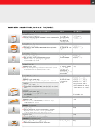 125
Technische toebehoren bij fermacell Firepanel A1
Leveringsvoorwaarde, Verpakking, Gewicht, Voorraad Verbruik Artikel-Nummer
fermacell Voegengips
Verpakking: 5 kg en 20 kg Zakken
n	 Voor het voegen van fermacell platen met of zonder wapenings­band
voor optimale stevigheid.
Ca. 0,2 kg/m² bij
eenmansplaten en
afgeschuinde kant,
ca. 0,1 kg/m² bij
kamerhoge platen.
79001 (5 kg Zak)
79003 (20 kg Zak)
fermacell Kant-en-klaar finish
Verpakking: 3 l en 10 l Emmer
n	 Gebruiksklare finish voor volvlakse pleisterlaag en zeer gladde
oppervlakken.
Volvlakse finish,
ca. 1 liter/m² per 1 mm
laagdikte.
79007 (3 l Emmer)
79002 (10 l Emmer)
fermacell Gips-dunpleister
Verpakking: 5 kg en 25 kg Zakken
n	 Voor het volledig pleisteren van muren en plafonds.
Optimale hechting ook op moeilijke ondergronden.
Met kunststof gemodificeerd.
Ca. 1 kg/m²
bij 1 mm laagdikte.
79088 (5 kg Zak)
79089 (25 kg Zak)
fermacell Voegenlijm
Verpakking: 310 ml Koker
n	 Voor een sterke verbinding van plaataansluitingen, met speciale
lijmtuit. Aanbevolen voor professionele gebruikers.
Ca. 20 ml/str. m voeg,
d.w.z. ca. 22 m²
muur­oppervlak
(grootformaat), ca.
11 m² plafondoppervlak
(kleinformaat)
79023
fermacell Snelbouwschroeven
3,9 × 30 mm
Verpakking: 250 of 1 000 st./doos
n	 Voor enkele beplating op onderconstructie van hout en metaal.
Wand per m²:
10–13 st. (per zijde)
Plafond per m²:
16–22 st.
79011 (3,9 × 30 mm, 1000 st.)
79021 (3,9 × 30 mm, 250 st.)
79047 (3,9 × 40 mm, 1000 st.)
79053 (3,9 × 55 mm, 1000 st.)
79052 (3,5 × 30 mm BP*
, 1000 st.)
79048 (3,5 × 30 mm BP*
, 250 st.)
*
BP = met boorpunt
3,9 × 40 mm
Verpakking: 250 of 1 000 st./doos
n Voor enkele en dubbele beplating op onderconstructie van hout en
metaal.
3,9 × 55 mm
Verpakking: 250 of 1 000 st./doos
n	 Voor dubbele en meervoudige beplating op onderconstructie van
hout en metaal.
fermacell Platenvoorsnijmes
Verpakking: 1 Stuk
n	 Om snel en eenvoudig fermacell Gipsvezelplaten te snijden.
Met gehard speciaal lemmet.
79015
fermacell Lijmafsteekmes
Verpakking: 1 Stuk
n	 Speciaal gereedschap om lijmresten eenvoudig af te steken.
Afgeronde randen voorkomen indringen in het materiaal.
Lange steel zodat rugvriendelijk gewerkt kan worden.
79017
Verpakking: 3 Stuk
n	 Reservemes, galvanisch verzinkt, 3 stuks/pak.
79016
fermacell Glasvlies wapeningsband
Verpakking: Rollen (70 mm breed, 50 m lang)
n	 Glasvlies. Als voegversterking bij dun pleisterwerk.
Naar benodigdheid 79026
 