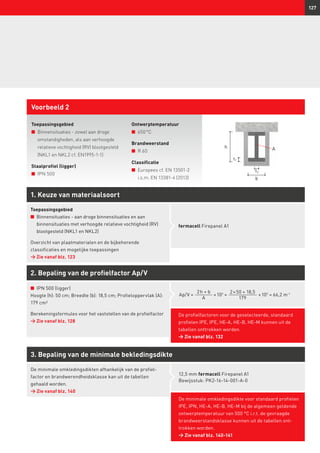 127
Toepassingsgebied
n	Binnensituaties - zowel aan droge
omstandigheden, als aan verhoogde
relatieve vochtigheid (RV) bloot­gesteld
(NKL1 en NKL2 cf. EN1995-1-1)
Staalprofiel (ligger)
n	 IPN 500
Voorbeeld 2
Ontwerptemperatuur
n	 650 °C
Brandweerstand
n	 R 60
Classificatie
n	Europees cf. EN 13501-2
i.s.m. EN 13381-4 (2013)
2. Bepaling van de profielfactor Ap/V
3. Bepaling van de minimale bekledingsdikte
12,5 mm fermacell Firepanel A1
Bewijsstuk: PK2-16-14-001-A-0
De minimale omkledingsdikte voor standaard profielen
IPE, IPN, HE-A, HE-B, HE-M bij de algemeen geldende
ontwerptemperatuur van 500 °C i.r.t. de gevraagde
brandweerstandsklasse kunnen uit de tabellen ont-
trokken worden.
→ Zie vanaf blz. 140-141
n	 IPN 500 (ligger)
Hoogte (h): 50 cm; Breedte (b): 18,5 cm; Profieloppervlak (A):
179 cm²
Berekeningsformules voor het vaststellen van de profielfactor
→	Zie vanaf blz. 128
1. Keuze van materiaalsoort
fermacell Firepanel A1
Toepassingsgebied
n	Binnensituaties - aan droge binnensituaties en aan
binnensituaties met verhoogde relatieve vochtigheid (RV)
blootgesteld (NKL1 en NKL2)
Overzicht van plaatmaterialen en de bijbehorende
classificaties en mogelijke toepassingen
→	Zie vanaf blz. 123
2 h + b
A
× 102
=Ap/V =
2 × 50 + 18,5
179
× 102
= 66,2 m-1
t2
A
t1
h
b
De profielfactoren voor de geselecteerde, standaard
profielen IPE, IPE, HE-A, HE-B, HE-M kunnen uit de
tabellen onttrokken worden.
→ Zie vanaf blz. 132
De minimale omkledingsdikten afhankelijk van de profiel­
factor en brandwerendheidsklasse kan uit de tabellen
gehaald worden.
→	Zie vanaf blz. 140
 