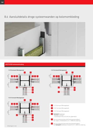 148
1 	1 S 15 fermacell Montagewand
2 	 1 S 21 fermacell Montagewand
3 	 1 S 31 fermacell Montagewand
4 	fermacell Voegengips
- Breedte: 5–10 mm
- Scheidingsstrook (≤ 0,5 mm), bv. papierband
5 	 Voor de ondergrond geschikte bevestigingsmiddelen
(bv. nagels, of stelbouten) h.o.h. ≤ 1000 mm onderling
6 	Voor de ondergrond geschikte bevestigingsmiddelen
(bv. fermacell Snelbouwschroeven) h.o.h. ≤ 1000 mm onderling
≥ 100≥ 100
1 S 21 fermacell Montagewand
11
7
4
9
4 4
5
2
22 77
≥ 100≥ 100
1 S 15 fermacell Montagewand
11
7
4
9
4 4
5
1
11 7 7
≥ 100≥ 100
1 S 31 fermacell Montagewand
11
7
4
9
4 4
5
3
3 37 7
Afmetingen in mm
AESTUVER kolomomkleding
8.6	Aansluitdetails droge systeemwanden op kolomomkleding
 