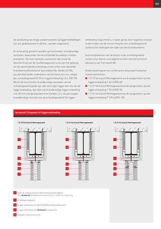 1
6
10
9
4
7
2
6
10
9
4
7
3
6
10
9
4
7
151
1 S 15 fermacell Montagewand 1 S 21 fermacell Montagewand 1 S 31 fermacell Montagewand
fermacell Firepanel A1 liggeromkleding
De aansluiting van droge systeemwanden op liggeromkledingen
kan als gedetailleerd in dit hst., worden uitgevoerd.
Er moet altijd getoetst worden op functionele, brandkundige
vereisten, waaronder de verschillende bouwdelen moeten
presteren. Het kan namelijk voorkomen dat zowel de
bescherming van de hoofddraagconstructie van het gebouw,
als de aansluitende scheidingsconstructies over dezelfde
brandwerendheidsfactor beschikken (bv. beiden EI 30),
als dat deze beide onderdelen verschillend zijn t.o.v. elkaar
(bv. scheidingswand EI 30 en liggeromkleding t.b.v. REI 90).
Mocht de functionele, brandkundige vereisten van de
scheidingswand gelijk zijn, dan wel hoger liggen dan die van de
liggeromkleding, dan dient de brandkundige liggeromkleding
met 30 min overgewaardeerd te worden t.o.v. de gevraagde,
brandkundige vereiste van de scheidingswand! De ligger­
6 	Voor de ondergrond geschikte bevestigingsmiddelen
(bv. fermacell Snelbouwschroeven) h.o.h. ≤ 1000 mm onderling
7 	 Ontkoppelingsband
8 	 Liggeromkleding met AESTUVER Brandwerende platen
9 	Liggeromkleding met fermacell Firepanel A1
10 	 Metalen onderconstructie
omkleding mag immers, in geen geval, een negatieve invloed
ondervinden van de vervorming die een scheidingswand­
constructie ondergaat ten tijde van een brandscenario.
Insluitingswensen van de kolom in de scheidingswand­
constructie, dienen overlegd te worden met de technisch
adviseurs van Fermacell BV.
Onderstaand geven we combinaties die projectmatig het
meest voorkomen:
n	 1 S 15 fermacell Montagewand wordt aangesloten op een
liggeromkleding F 60-A/REI 60
n	 1 S 21 fermacell Montagewand wordt aangesloten op een
liggeromkleding F 90-A/REI 90
n	 1 S 31 fermacell Montagewand wordt aangesloten op een
liggeromkleding F 120-A/REI 120
 
