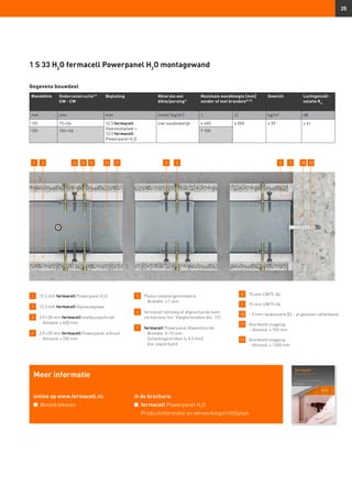 35
1 S 33 H2
O fermacell Powerpanel H2
O montagewand
Wanddikte Onderconstructie13)
UW - CW
Beplating Minerale wol
dikte/persing1)
Maximale wandhoogte [mm]
zonder of met brandeis8) 23)
Gewicht Luchtgeluidi-
solatie Rw
mm mm mm (mm)/ (kg/m3
) I II kg/m² dB
125 75 × 06 12,5 fermacell
Gipsvezelplaat +
12,5 fermacell
Powerpanel H2
O
niet noodzakelijk 4 600 4 000 ≥ 59 ≥ 41
150 100 × 06 7 100
Meer informatie
online op www.fermacell.nl:
n	 Bestekteksten
in de brochure:
n	 fermacell Powerpanel H2
O
	 Productinformatie en verwerkingsrichtlijnen
1 	 12,5 mm fermacell Powerpanel H2
O
2 	 12,5 mm fermacell Gipsvezelplaat
3 	 3,9 × 30 mm fermacell snelbouwschroef
	 -	Afstand: ≤ 400 mm
4 	 3,9 × 50 mm fermacell Powerpanel schroef
	 -	Afstand: ≤ 250 mm
5 	 Platen stotend gemonteerd
	 -	Breedte: ≤ 1 mm
6 	fermacell lijmvoeg of afgeschuinde kant,
zie hiervoor hst. Voegtechnieken blz. 112.
7 	 fermacell Powerpanel Afwerkmortel
	 -	Breedte: 5–10 mm
	 -	Scheidingsstroken (≤ 0,5 mm)
bijv. papierband
8 	 75 mm CW75-06
9 	 75 mm UW75-06
10 	 ~ 5 mm randisolatie B2 - of gesloten cellenband
11 	 Voorbeeld slagplug
	 -	Afstand: ≤ 700 mm
12 	 Voorbeeld slagplug
	 -	Afstand: ≤ 1 000 mm
11 76 123 4 101 2 5 8 9 5
Gegevens bouwdeel
 