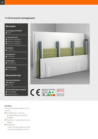 38
1 S 32 fermacell montagewand
Voordelen
Kenmerkende eigenschappen van het
systeem:
n	 Geluiddemping – maximale
	 geluiddemping bij een beperkte 		
	wanddikte
n	 Toepassing – installatiedoorvoeren 	
	mogelijk
n	 Draagkracht
	 -	zonder speciale pluggen tot 35 kg
	 -	met hollewandpluggen tot 60 kg
Bouwmateriaal
Bouwmateriaalklasse
(EN 13501-1)
n	 A2 s1 d0
Materiaal (Europees geregeld)
n	 ETA-03/0050
n	 DIN EN 15283-2
Bouwdeel
Brandrapport (PC10021)
n	 EI 90
Isolatiemateriaal
n	 40 [mm] / 30 [kg/m³]
n	 50 [mm] / 50 [kg/m³]
n	 60 [mm] / 30 [kg/m³]
Wanddikte
n	 ≥ 150 mm
Wandgewicht
n	 ≥ 60 kg/m²
Wandhoogte
n	 Tot 4 000 mm
Geluiddemping
n	 Rw
≥ 56–68 dB
 