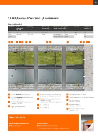 43
Wanddikte Onder­
constructie13)
UW - CW
Beplating Minerale wol
dikte/persing1)
Maximale wandhoogte [mm]
zonder of met brandeis (8) (23)
Gewicht Luchtgeluid­
isolatie Rw, R
mm mm mm mm / kg/m² I II kg/m² dB
2059)
2 × 75 × 06 12,5 + 12,5 60/25 450TG1/400TG29)
3 500 ≥ 65 62
≥ 20511)
650TG1/600TG211)
5 000 57
Meer informatie
online op www.fermacell.nl:
n	 Bestekteksten
in de brochure:
n	 fermacell Powerpanel H2
O
	 Productinformatie en verwerkingsrichtlijnen
1 	 12,5 mm fermacell Powerpanel H2
O
2 	 3,9 × 30 mm fermacell Powerpanel schroef 	
	 -	Afstand: ≤ 400 mm
3 	 3,9 × 50 mm fermacell Powerpanel schroef 	
	 -	Afstand: ≤ 250 mm
4 	 Platen stotend gemonteerd
	 -	Breedte: ≤ 1 mm
5 	fermacell lijmvoeg of afgeschuinde kant,
zie hiervoor hst. Voegtechnieken blz. 112.
6 	 fermacell Powerpanel Afwerkmortel 		
	 -	Breedte: 5–10 mm
	 -	Randstroken (≤ 0,5 mm) bijv. papierband
7 	 75 mm CW75-06
8 	 75 mm UW75-06
9 	 60 mm Minerale wol – 25 kg/m³
10 	 ~ 5 mm randisolatie B2 - of gesloten cellenband
11 	 Voorbeeld slagplug
	 -	Afstand: ≤ 700 mm
12 	 Voorbeeld slagplug
	 -	Afstand: ≤ 1 000 mm
13 	 Platen stotend gemonteerd
	 -	Breedte ≤ 1 mm
93 122 3 1011 4 8 131 7 5 6
Gegevens bouwdeel
1 S 34 H2
O fermacell Powerpanel H2
O montagewand
 