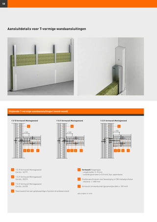 58
Glijdende T-vormige wandaansluitingen (wand-wand)
1 S 15 fermacell Montagewand 1 S 21 fermacell Montagewand 1 S 31 fermacell Montagewand
1 	 1 S 15 fermacell Montagewand
	 (zie blz. 16/17)
2 	 1 S 21 fermacell Montagewand
	 (zie blz. 20/21)
3 	 1 S 31 fermacell Montagewand
	 (zie blz. 24/25)
4 	 Dwarswand met een gelijkwaardige of grotere brandweerstand
5 	 fermacell Voegengips
	 - voegbreedte: 5–10 mm
	 - scheidingsstroken (≤ 0,5 mm), bijv. papierband
6 	 Snelbouwschroeven voor bevestiging in CW-metaalprofielen
	 - Afstand: ≤ 1 000 mm
7 	 fermacell strokenbundel (gezamelijke dikte ≤ 100 mm)
alle maten in mm
Aansluitdetails voor T-vormige wandaansluitingen
4 4 4
1 2 36 6 65 5 57 7 7
≤ 100 ≤ 100
≤ 100
 