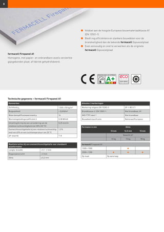 8
n	 Voldoet aan de hoogste Europese bouwmateriaalklasse A1 		
	 (EN 13501-1)
n	 Biedt nog efficiëntere en slankere bouwdelen voor de 		
	 brandveiligheid dan de bekende fermacell Gipsvezelplaat
n	 Even eenvoudig en snel te verwerken als de originele 		
	 fermacell Gipsvezelplaat
Maattoleranties bij een evenwichtsvochtgehalte voor standaard
plaatformaten
Lengte, breedte + 0 / - 2 mm
Diagonaalverschil ≤ 2 mm
Dikte ± 0,2 mm
Kenmerken
Dichtheid ρK 1 200 ± 50 kg/m³
Buigvastheid  5,8 N/m²
Waterdampdiffusieweerstand µ 16
Warmetegeleidingscoëfficiënt λ 0,38 W/mK
Uitzetting/krimp bij een verandering van de
relatieve luchtvochtigheid met 30% (20 °C)
0,25 mm/m
Evenwichtsvochtgehalte bij een relatieve luchtvochtig-
heid van 65% en een luchttemperatuur van 20 °C
1,3 %
pH-waarde 7–8
Formaten in mm Dikte
10 mm 12,5 mm 15 mm
Gewicht m²
12 kg 15 kg 18 kg
fermacell Firepanel A1
1 500 × 1 000
2 000 × 1 200
Op maat Op aanvraag
Attesten / markeringen
Markering volgens EN 15283-2 GF-I-W2-C1
Brandklasse cf. EN 13501-1 Niet brandbaar, A1
IMO FTPC deel 1 Niet brandbaar
Bouwdeelclassificatie Nationaal/Europees
Technische gegevens – fermacell Firepanel A1
fermacell Firepanel A1
Homogene, met papier- en onbrandbare vezels versterkte
gipsgebonden plaat, af fabriek gehydrofobeerd.
 