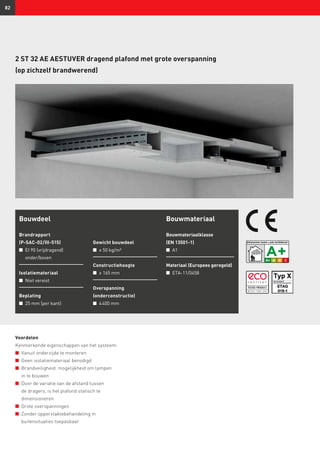 82
Bouwdeel
Brandrapport
(P-SAC-02/III-515)
n	 EI 90 (vrijdragend)
	onder/boven
Isolatiemateriaal
n	 Niet vereist
Beplating
n	 25 mm (per kant)
Bouwmateriaal
Bouwmateriaalklasse
(EN 13501-1)
n	 A1
Materiaal (Europees geregeld)
n	 ETA-11/0458
2 ST 32 AE AESTUVER dragend plafond met grote overspanning
(op zichzelf brandwerend)
Voordelen
Kenmerkende eigenschappen van het systeem:
n	 Vanuit onderzijde te monteren
n	 Geen isolatiemateriaal benodigd
n	 Brandveiligheid: mogelijkheid om lampen
in te bouwen
n	 Door de variatie van de afstand tussen
de dragers, is het plafond statisch te
dimensioneren
n	 Grote overspanningen
n	 Zonder oppervlaktebehandeling in
buitensituaties toepasbaar
Gewicht bouwdeel
n	 ≥ 50 kg/m²
Constructiehoogte
n	 ≥ 165 mm
Overspanning
(onderconstructie)
n	 4 400 mm
 