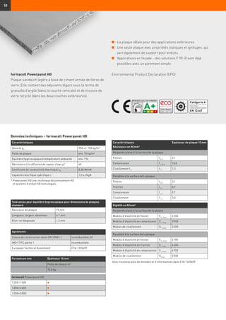 Catégorie A
Prête à l'emploi:
exposition directe aux intempéries
EN 12467
10
Tolérances pour équilibre hygroscopique pour dimensions de plaques
standard
Épaisseur de plaque 15 mm
Longueur, largeur, épaisseur ± 1 mm
Écart en diagonale ≤ 2 mm
Caractéristiques
Densité ρK
950 +/- 100 kg/m³
Poids de plaque env. 15 kg/m²
Équilibre hygroscopique à température ambiante env. 7 %
Résistance à la diffusion de vapeur d’eau µ* 40
Coefficient de conductivité thermique λR
0,30 W/mK
Capacité calorifique spécifique c 1,0 kJ/kgK
* Powerpanel HD avec technique de jointoiement HD
et système d’enduit HD homologués
Formats en mm Épaisseur 15 mm
Poids de plaque m²
15,0 kg
fermacell Powerpanel HD
1 250 × 1 000
1 250 × 2 600
1 250 × 3 000
Agréments
Classe de construction selon EN 13501-1 incombustible, A1
IMO FTPC partie 1 incombustible
European Technical Assesment ETA-13/0609
n	La plaque idéale pour des applications extérieures
n	Une seule plaque avec propriétés statiques et ignifuges, qui
sert également de support pour enduits
n	Applications en façade – des solutions F 90-B sont déjà
possibles avec un parement simple
Environmental Product Declaration (EPD)
Données techniques – fermacell Powerpanel HD
fermacell Powerpanel HD
Plaque sandwich légère à base de ciment armée de fibres de
verre. Elle contient des adjuvants légers sous la forme de
granulés d'argile (dans la couche centrale) et de mousse de
verre recyclé (dans les deux couches extérieures).
Caractéristiques Épaisseur de plaque 15 mm
Résistance en N/mm²
Perpendiculaire à la surface de la plaque
Flexion fm, k
2,1
Compression fc, 90, k
10,0
Cisaillement fr, k
fr, k
1,3
Parallèle à la surface de la plaque
Flexion fm, k
2,1
Traction ft, k
0,7
Compression fc, k
9,7
Cisaillement fv, k
3,0
Rigidité en N/mm²
Perpendiculaire à la surface de la plaque
Module d’élasticité en flexion Em, mean
4 200
Module d’élasticité en compression Ec, mean
3 900
Module de cisaillement Gr, mean
2 400
Parallèle à la surface de la plaque
Module d’élasticité en flexion Em, mean
4 100
Module d’élasticité en traction Et, mean
4 200
Module d’élasticité en compression Ec, mean
6 700
Module de cisaillement Gmean
2 500
Vous trouverez plus de données et d’informations dans ETA-13/0609.
 