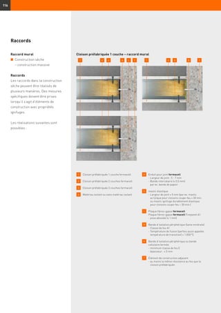 116
Raccords
Raccord mural
n	 Construction sèche
– construction massive
Raccords
Les raccords dans la construction
sèche peuvent être réalisés de
plusieurs manières. Des mesures
spécifiques doivent être prises
lorsqu’il s’agit d’éléments de
construction avec propriétés
ignifuges.
Les réalisations suivantes sont
possibles :
Cloison préfabriquée 1 couche – raccord mural
1 	 Cloison préfabriquée 1 couche fermacell
2 	 Cloison préfabriquée 2 couches fermacell
3 	 Cloison préfabriquée 3 couches fermacell
4 	 Matériau isolant ou sans matériau isolant
a
	Enduit pour joint fermacell
- Largeur de joint : 5 - 7 mm
- Bande intercalaire (≤ 0,5 mm)
par ex. bande de papier
b
	 mastic élastique
	 -	Largeur de joint ≥ 5 mm (par ex. mastic
acrylique pour cloisons coupe-feu ≤ 30 min.
ou mastic ignifuge durablement élastique
pour cloisons coupe-feu  30 min.)
c
	 Plaque fibres-gypse fermacell
	 Plaque fibres-gypse fermacell Firepanel A1
	 -	pose aboutée (≤ 1 mm)
d
	 Bande d’isolation périphérique (laine minérale)
	 -	Classe de feu A1
	 -	Température de fusion (parfois aussi appelée
température de transition) ≥ 1.000 °C
e
	 Bande d’isolation périphérique ou bande
cellulaire fermée
	 -	minimum classe de feu E
	 -	épaisseur : ≤ 5 mm
f
	 Élément de construction adjacent
	 - au moins la même résistance au feu que la
cloison préfabriquée
1 4 fae c 4 b1 fd
 