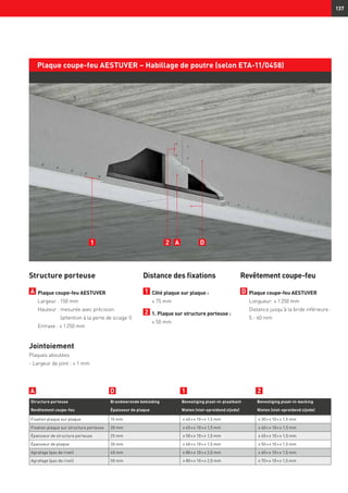 137
Plaque coupe-feu AESTUVER – Habillage de poutre (selon ETA-11/0458)
Structure porteuse
A 	Plaque coupe-feu AESTUVER
	 Largeur : 150 mm
	 Hauteur : mesurée avec précision
(attention à la perte de sciage !)
	 Entraxe : ≤ 1 250 mm
Jointoiement
Plaques aboutées
- Largeur de joint : ≤ 1 mm
Distance des fixations
1 	Côté plaque sur plaque :
	 ≤ 75 mm
2 	1. Plaque sur structure porteuse :
	 ≤ 50 mm
Structure porteuse Brandwerende bekleding Bevestiging plaat-in-plaatkant Bevestiging plaat-in-backing
Revêtement coupe-feu Épaisseur de plaque Nieten (niet-spreidend zijnde) Nieten (niet-spreidend zijnde)
Fixation plaque sur plaque 15 mm ≥ 40 × ≥ 10 × ≥ 1,5 mm ≥ 30 × ≥ 10 × ≥ 1,5 mm
Fixation plaque sur structure porteuse 20 mm ≥ 45 × ≥ 10 × ≥ 1,5 mm ≥ 40 × ≥ 10 × ≥ 1,5 mm
Épaisseur de structure porteuse 25 mm ≥ 50 × ≥ 10 × ≥ 1,5 mm ≥ 45 × ≥ 10 × ≥ 1,5 mm
Épaisseur de plaque 30 mm ≥ 60 × ≥ 10 × ≥ 1,5 mm ≥ 50 × ≥ 10 × ≥ 1,5 mm
Agrafage (pas de rivet) 40 mm ≥ 80 × ≥ 10 × ≥ 2,0 mm ≥ 60 × ≥ 10 × ≥ 1,5 mm
Agrafage (pas de rivet) 50 mm ≥ 80 × ≥ 10 × ≥ 2,0 mm ≥ 70 × ≥ 10 × ≥ 1,5 mm
1 2 A D
21DA
Revêtement coupe-feu
D 	Plaque coupe-feu AESTUVER
	 Longueur: ≤ 1 250 mm
	 Distance jusqu’à la bride inférieure :
	 5 - 60 mm
 
