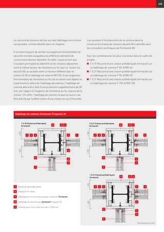 ≥ 100≥ 100
1 S 15 Cloison préfabriquée
fermacell
11
7
4
4
10
4 77
68
1 1
1
 100 100
1 S 21 Cloison préfabriquée
fermacell
11
7
4
4
10
4 77
68
2 2
2
 100 100
1 S 31 Cloison préfabriquée
fermacell
11
7
4
4
10
4 77
68
3
3
3
149
Dimensions en mm
Habillage de colonne fermacell Firepanel A1
Le raccord de cloisons sèches sur des habillages de colonne
est possible, comme détaillé dans ce chapitre.
Il convient toujours de vérifier les exigences fonctionnelles de
sécurité incendie auxquelles les différents éléments de
construction doivent répondre. En effet, il peut arriver que
l’ossature principale du bâtiment et les cloisons adjacentes
aient le même facteur de résistance au feu (par ex. toutes les
deux EI 30), ou qu’elles aient un facteur différent (par ex.
cloison EI 30 et habillage de colonne REI 90). Si les exigences
fonctionnelles de résistance au feu de la cloison sont égales ou
supérieures à celles de l’habillage de colonne, l’habillage de
colonne devra être doté d’une protection supplémentaire de 30
min. par rapport à l’exigence de résistance au feu requise de la
cloison ! En effet, l’habillage de colonne ne peut en aucun cas
être affecté par la déformation d’une cloison en cas d’incendie.
7 	 Bande de désolidarisation
8 	 Ossature en métal
9 	Habillage de colonne avec plaques coupe-feu fermacell
10 	Habillage de colonne avec fermacell Firepanel A1
11 	 Cheville pour murs creux entraxe ≤ 1.000 mm
Les souhaits d’incorporation de la colonne dans la
construction à base de cloisons doivent être abordés avec
les conseillers techniques de Fermacell BV.
Voici les combinaisons les plus courantes dans le cadre de
projets :
n	 1 S 15 Raccord d’une cloison préfabriquée fermacell sur
un habillage de colonne F 60-A/REI 60
n	 1 S 21 Raccord d’une cloison préfabriquée fermacell sur
un habillage de colonne F 90-A/REI 90
n	 1 S 31 Raccord d’une cloison préfabriquée fermacell sur
un habillage de colonne F 120-A/REI 120
 