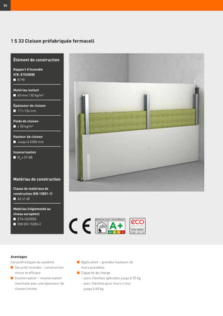 26
1 S 33 Cloison préfabriquée fermacell
Élément de construction
Rapport d’incendie
(CR: E152808)
n	 EI 90
Matériau isolant
n	 60 mm / 50 kg/m³
Épaisseur de cloison
n	 111–136 mm
Poids de cloison
n	 ≥ 50 kg/m²
Hauteur de cloison
n	 Jusqu’à 5 000 mm
Insonorisation
n	 Rw
≥ 57 dB
Avantages
Caractéristiques du système :
n	 Sécurité incendie – construction
mince et efficace
n	 Insonorisation – insonorisation
maximale avec une épaisseur de
cloison limitée
n	 Application – grandes hauteurs de
murs possibles
n	 Capacité de charge
	 - sans chevilles spéciales jusqu’à 35 kg
	 - avec chevilles pour murs creux
jusqu’à 60 kg
Matériau de construction
Classe de matériaux de
construction (EN 13501-1)
n	 A2 s1 d0
Matériau (réglementé au
niveau européen)
n	 ETA-03/0050
n	 DIN EN 15283-2
 