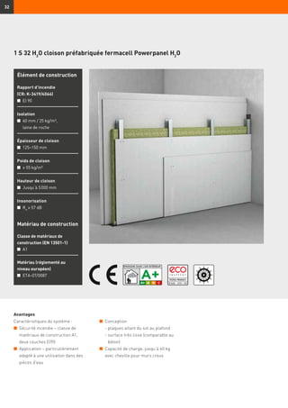 32
1 S 32 H2
O cloison préfabriquée fermacell Powerpanel H2
O
Élément de construction
Rapport d’incendie
(CR: K-3419/4066)
n	 EI 90
Isolation
n	 60 mm / 25 kg/m³,
	 laine de roche
Épaisseur de cloison
n	 125–150 mm
Poids de cloison
n	 ≥ 55 kg/m²
Hauteur de cloison
n	 Jusqu’à 5 000 mm
Insonorisation
n	 Rw
≥ 57 dB
Matériau de construction
Classe de matériaux de
construction (EN 13501-1)
n	 A1
Matériau (réglementé au
niveau européen)
n	 ETA-07/0087
Avantages
Caractéristiques du système :
n	 Sécurité incendie – classe de
matériaux de construction A1,
deux couches EI90
n	 Application – particulièrement
adapté à une utilisation dans des
pièces d’eau
n	 Conception
	 - plaques allant du sol au plafond
	 - surface très lisse (comparable au
béton)
n	 Capacité de charge, jusqu’à 60 kg
avec cheville pour murs creux
 