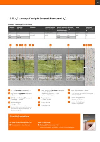 33
Données élément de construction
1 	 12,5 mm fermacell Powerpanel H2
O
2 	 3,9 × 35 mm Vis fermacell Powerpanel 	
	 -	Distance : ≤ 400 mm
3 	 3,9 × 50 mm Vis fermacell Powerpanel
	 -	Distance : ≤ 250 mm
4 	 Plaques aboutées
	 -	Largeur : ≤ 1 mm
5 	Joint collé fermacell ou bord biseauté,
voir pour cela le chap. Techniques de
jointoiement p. 112.
6 	 Enduit de surfaçage fermacell Powerpanel
	 -	Largeur : 5–10 mm
	 -	Bandes intercalaires (≤ 0,5 mm)
par ex. bande de papier
7 	 Plaques aboutées
	 -	Largeur : ≤ 1 mm
8 	 75 mm CW75-06
9 	 75 mm UW75-06
10 	 60 mm Laine minérale – 25 kg/m3
11 	 ~ 5 mm isolation périphérique B2 ou bande
cellulaire fermée
12 	 Exemple cheville à frapper
	 -	Distance : ≤ 700 mm
13 	 Exemple cheville à frapper
	 -	Distance : ≤ 1 000 mm
Plus d’informations
en ligne sur www.fermacell.nl :
n	 Textes cahiers des charges
dans la brochure :
n	 fermacell Powerpanel H2
O
	 Informations sur le produit et instructions de pose
Épaisseur
de cloison
Ossature13)
UW - CW
Parement Épaisseur/densité
plaine minérale1)
Hauteur maximale de cloison
[mm] avec ou sans exigence de
sécurité incendie8) 23)
Poids Isolation à
l’air/phonique
Rw
mm mm mm (mm)/ (kg/m3
) I II kg/m² dB
125 75 × 06 12,5+12,5 60/25 5 000 5 000 ≥ 55 57
150 100 × 06 5 300 5 000
2 3 68 12 7 134 9 5 10 111
1 S 32 H2
O cloison préfabriquée fermacell Powerpanel H2
O
 