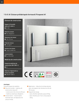 44
1 S 41 A1 Cloison préfabriquée fermacell Firepanel A1
Élément de construction
Rapport d’incendie
(KB 3.2/11-035-1)
n	 EI 120
Matériau isolant
n	 Non obligatoire
Épaisseur de cloison
n	 125–175 mm
Poids de cloison
n	 ≥ 64 kg/m²
Hauteur de cloison
n	 Jusqu’à 4 000 mm
Insonorisation
n	 Rw
≥ 52–60 dB
Matériau de construction
Classe de matériaux de
construction (EN 13501-1)
n	 A1
Matériau (réglementé au
niveau européen)
n	 DIN EN 15283-2
Avantages
Caractéristiques du système :
n	 Sécurité incendie – matériau de
construction classe A1
	 -	construction très mince et efficace
	 -	matériau isolant pas obligatoire
n	 Insonorisation – insonorisation
maximale avec une épaisseur de
cloison limitée
n	 Application – réduction du temps de pose
avec une exigence de résistance au feu de
90 minutes
n	 Capacité de charge
	 -	sans chevilles spéciales jusqu’à 35 kg
	 -	avec chevilles pour murs creux jusqu’à
60 kg
 