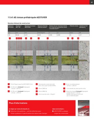 49
Épaisseur
de cloison
Ossature13)
UW - CW
Épaisseur de plaque
AESTUVER
Épaisseur/densité
matériau isolant1)
Hauteur de mur maximale tolérée
sur le plan de la protection contre
l’incendie [mm]8) 23)
Poids de cloison Isolation à l’air/
phonique Rw
mm mm mm (mm)/ (kg/m3
) I II kg/m² dB
110 50 ×06 2 x 15 40/30 4 000 4 000 50 ≥ 57
1 	 15 mm Plaque coupe-feu AESTUVER 15 mm
2 	 3,9 × 30 mm Vis fermacell Powerpanel
	 -	entraxe: ≤ 400 mm
3 	 3,9 × 50 mm Vis fermacell Powerpanel
	 -	entraxe : ≤ 250 mm
4 	Pose aboutée ou avec joint collé
(avec colle coupe-feu AESTUVER)
5 	 50 mm CW50-06
6 	 50 mm UW50-06
7 	 40 mm laine de roche – 30 kg/m³
8 	 Par ex. vis autotaraudeuse
	 -	entraxe : ≤ 500 mm
9 	 ~ 5 mm bandes de chant laine de roche
10 	 Enduit de surfaçage fermacell Powerpanel
	 - Largeur de joint : 5–10 mm
	 - Bandes intercalaires (≤ 0,5 mm)
par ex. bande de papier
Plus d’informations
en ligne sur www.fermacell.nl :
n	 Sélecteur de systèmes – outil de sélection pour
fiches systèmes et spécifications de cahiers des charges
dans la brochure :
n	 AESTUVER La plaque
coupe-feu universelle
21 3 94 7 105 6 84
Données élément de construction
1 S 41 AE cloison préfabriquée AESTUVER
 