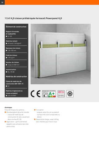 52
1 S 41 H2
O cloison préfabriquée fermacell Powerpanel H2
O
Matériau de construction
Classe de matériaux de
construction (EN 13501-1)
n	 A1
Matériau (réglementé au
niveau européen)
n	 ETA-07/0087
Élément de construction
Rapport d’incendie
(P-3605/4995)
n	 EI 120
Matériau isolant
n	 60 [mm] / 30 [kg/m³]
Épaisseur de cloison
n	 125–150 mm
Poids de cloison
n	 ≥ 55 kg/m²
Hauteur de cloison
n	 Jusqu’à 3 000 mm
Insonorisation
n	 Rw
≥ 55 dB
Avantages
Caractéristiques du système :
n	 Brandveiligheid sécurité incendie
– classe de matériaux de
construction A1, avec seulement
deux couches EI 120
n	 Application – particulièrement
adapté à une utilisation dans des
pièces d’eau
n	 Conception
	 -	plaques allant du sol au plafond
	 -	surface très lisse (comparable au
béton)
n	 Capacité de charge, jusqu’à 60 kg
avec chevilles pour murs creux
 
