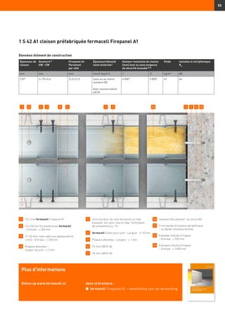 55
Données élément de construction
1 S 42 A1 cloison préfabriquée fermacell Firepanel A1
1 	 12,5 mm fermacell Firepanel A1
2 	3,9 × 30 mm Vis autoforeuse fermacell
– Entraxe : ≤ 250 mm
3 	21–22 mm rivets spéciaux (galvanisés et
cirés) – Entraxe : ≤ 150 mm
4 	 Plaques aboutées –
	 largeur de joint : ≤ 1 mm
5 	 Joint d’enduit, de colle fermacell ou côté
biseauté, voir pour cela le chap. Techniques
de jointoiement p. 112.
6 	fermacell Enduit pour joint – Largeur : 5–10 mm
7 	 Plaques aboutées – Largeur : ≤ 1 mm
8 	 75 mm CW75-06
9 	 75 mm UW75-06
10 	 Isolation (facultative) – au moins B2
11 	5 mm bande d’isolation périphérique
– ou bande cellulaire fermée
12 	Exemple cheville à frapper
– Entraxe : ≤ 700 mm
13 	Exemple cheville à frapper
– Entraxe : ≤ 1 000 mm
Épaisseur de
cloison
Ossature13)
UW - CW
Firepanel A1
Parement
par côté
Épaisseur/densité
laine minérale1)
Hauteur maximale de cloison
[mm] avec ou sans exigence
de sécurité incendie8)23)
Poids Isolation à l’air/phonique
Rw
mm mm mm (mm)/ (kg/m3
) I II kg/m² dB
2109)
2 × 75 × 0,6 12,5+12,5 Sans ou au moins
isolation B2
Avec insonorisation
60/20
4 5009)
3 0009)
67 64
2 69 7 131 412 8 3 5 10 11
Plus d’informations
Online op www.fermacell.nl dans la brochure :
n	 fermacell Firepanel A1 – handleiding voor de verwerking
 