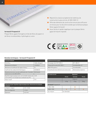 8
n	Répond à la classe européenne de matériaux de
construction la plus stricte, A1 (EN 13501-1)
n	Offre des éléments de construction encore plus efficaces
et minces pour la sécurité incendie que la fameuse plaque
fibres-gypse fermacell
n	Aussi facile et rapide à appliquer que la plaque fibres-
gypse fermacell originale
Tolérances pour équilibre hygroscopique pour dimensions de plaques
standard
Longueur, largeur + 0 / - 2 mm
Écart en diagonale ≤ 2 mm
Épaisseur ± 0,2 mm
Caractéristiques
Densité ρK 1 200 ± 50 kg/m³
Résistance à la flexion  5,8 N/m²
Résistance à la diffusion de vapeur d’eau µ 16
Coefficient de conductivité thermique λ 0,38 W/mK
Dilatation/retrait en cas de modification de l’humidité
relative de l’air de 30% (20°C)
0,25 mm/m
Équilibre hygroscopique avec une humidité relative de
l’air de 65% et une température ambiante de 20°C
1,3 %
Valeur du pH 7–8
Formats en mm Épaisseur
10 mm 12,5 mm 15 mm
Poids m²
12 kg 15 kg 18 kg
fermacell Firepanel A1
1 500 × 1 000
2 000 × 1 200
Sur mesure Sur demande
Agréments/marquages
Marquage selon EN 15283-2 GF-I-W2-C1
Classe de feu selon EN 13501-1 Incombustible, A1
IMO FTPC partie 1 Incombustible
Classification des éléments de construction Nationale/européenne
Données techniques – fermacell Firepanel A1
fermacell Firepanel A1
Plaque fibres-gypse homogène armée de fibres de papier et
de fibres incombustibles, hydrofugée en usine
 