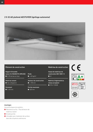 80
Avantages
Caractéristiques du système :
n	 Résistance au feu – Pas de besoin de
matériau isolant
n	 Grande portée
n	 Utilisable sans traitement de surface
dans des situations extérieures
Élément de construction
Rapport d’incendie
(selon K-2100/867/15-MPA BS)
n	EI 90 de bas en haut
Matériau isolant
n	 Non obligatoire
Parement
n	 2 × 25 mm
Poids
n	 ≥ 40 kg/m²
Hauteur de construction
n	 ≥ 105 mm
Portée maximale
n	 625 mm
Matériau de construction
Classe de matériaux de
construction (EN 13501-1)
n	 A1
Matériau (réglementé au
niveau européen)
n	 ETA-11/0458
2 S 32 AE plafond AESTUVER (ignifuge autonome)
 