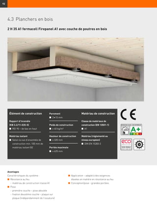 92
2 H 35 A1 fermacell Firepanel A1 avec couche de poutres en bois
Élément de construction
Rapport d’incendie
(KB 3.2/11-035-5)
n	 REI 90 – de bas en haut
Matériau isolant
n	Selon la vue d’ensemble de
construction min. 100 mm de
matériau isolant B2
Parement
n	 2 × 15 mm
Poids de construction
n	 ≥ 40 kg/m²
Hauteur de construction
n	 ≥ 320 mm
Portée maximale
n	 ≤ 625 mm
Matériau de construction
Classe de matériaux de
construction (EN 13501-1)
n	 A1
Matériau (réglementé au
niveau européen)
n	 DIN EN 15283-2
Avantages
Caractéristiques du système :
n	 Résistance au feu
	 -	matériau de construction classe A1
n	 Pose
	 -	première couche – pose aboutée
	 -	fixation deuxième couche – plaque sur
plaque (indépendamment de l’ossature)
n	 Application – adapté à des exigences
élevées en matière en résistance au feu
n	 Conception/pose - grandes portées
4.3	 Planchers en bois
 