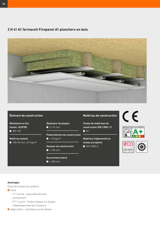 94
2 H 41 A1 fermacell Firepanel A1 planchers en bois
Élément de construction
Résistance au feu
(selon: 16397B)
n	 REI 120
Matériau isolant
n	 100+70 mm / 67 kg/m³
Épaisseur de plaque
n	 2 × 15 mm
Poids élément de construction
n	 ≥ 70 kg/m²
Hauteur de construction
n	 ≥ 105 mm
Écartement toléré
n	 ≤ 400 mm
Matériau de construction
Classe de matériaux de
construction (EN 13501-1)
n	 A1
Matériau (réglementé au
niveau européen)
n	 EN 15283-2
Avantages
Caractéristiques du système :
n	 Pose
	 -	1ère
couche - pose aboutée sans
jointoiement
	 -	2ème
couche - fixation plaque sur plaque
indépendamment de l’ossature
n	 Application – résistance au feu élevée
 