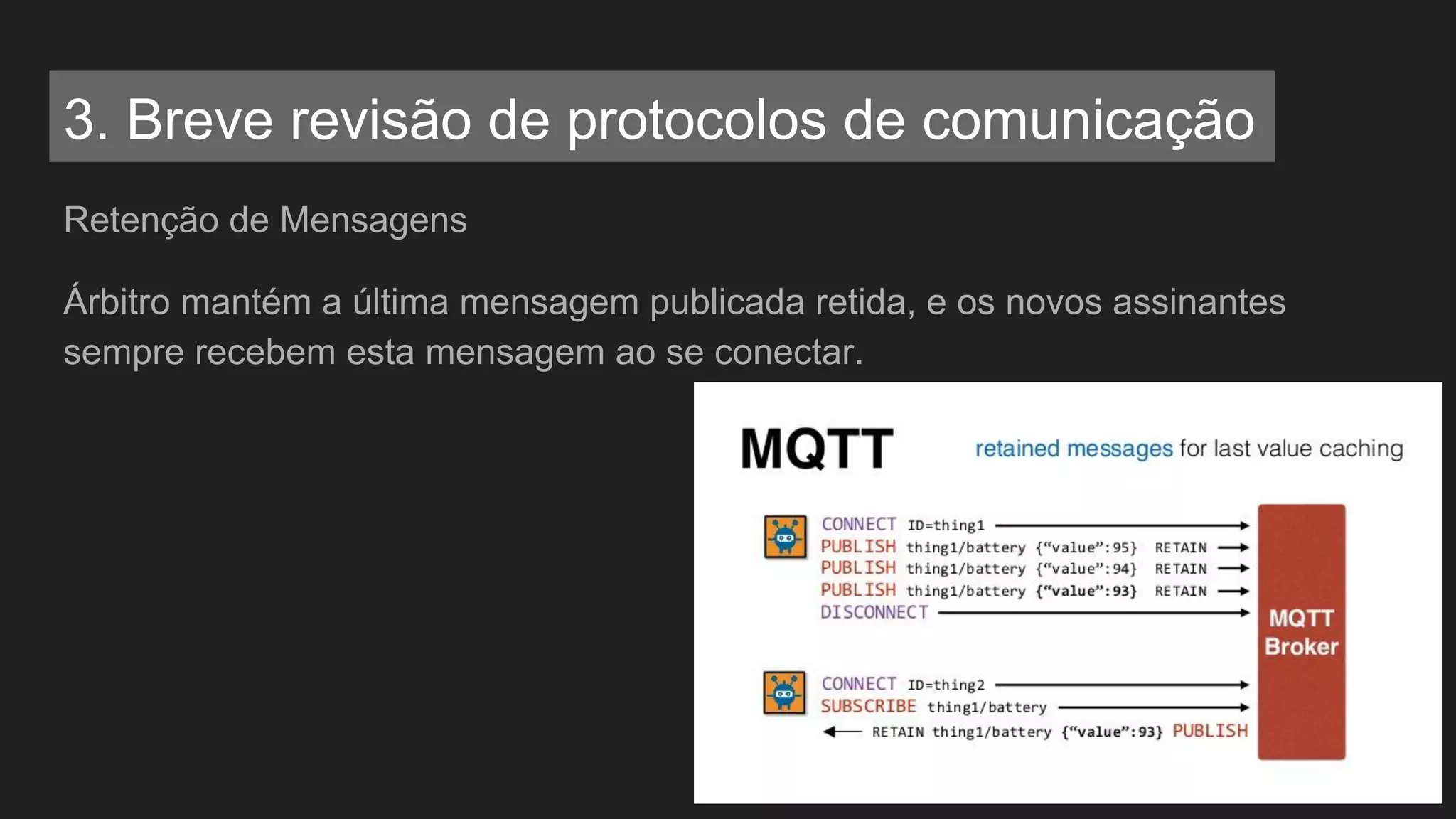 Retenção de Mensagens
Árbitro mantém a última mensagem publicada retida, e os novos assinantes
sempre recebem esta mensagem ao se conectar.
3. Breve revisão de protocolos de comunicação
 