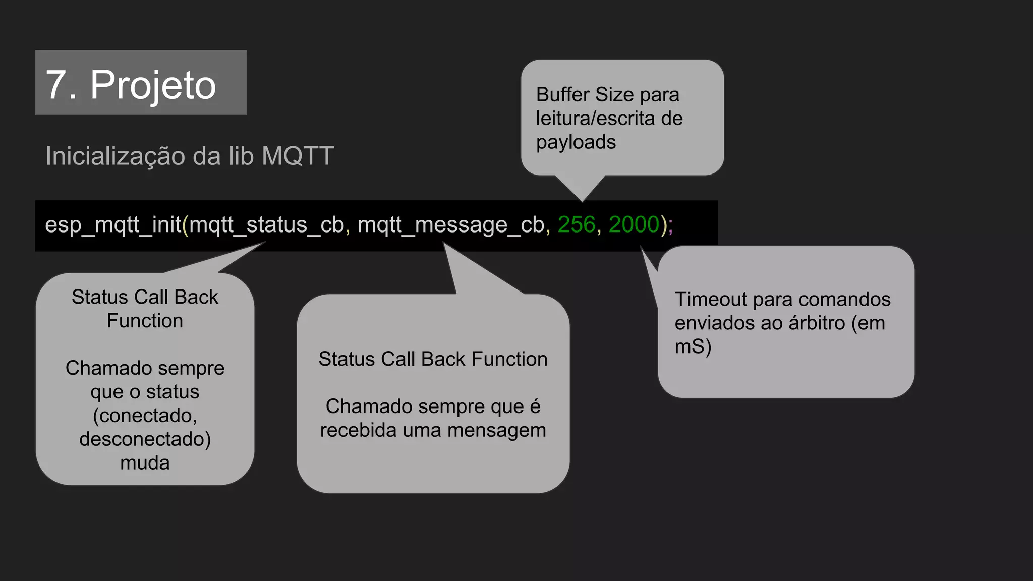Inicialização da lib MQTT
esp_mqtt_init(mqtt_status_cb, mqtt_message_cb, 256, 2000);
Status Call Back
Function
Chamado sempre
que o status
(conectado,
desconectado)
muda
Status Call Back Function
Chamado sempre que é
recebida uma mensagem
Buffer Size para
leitura/escrita de
payloads
Timeout para comandos
enviados ao árbitro (em
mS)
7. Projeto
 